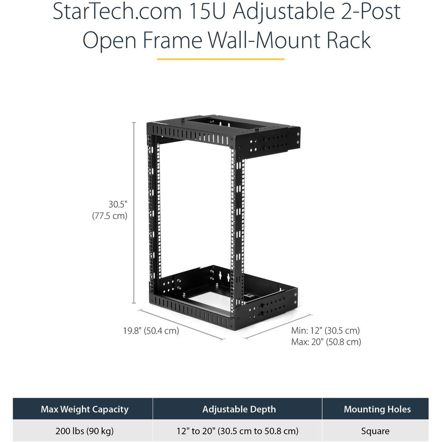 StarTech.com Rack réseau mural 15U 19" - Profondeur réglable 12-20" Cadre ouvert pour salle de serveurs/AV/données/équipement informatique avec écrous cage RK15WALLOA
