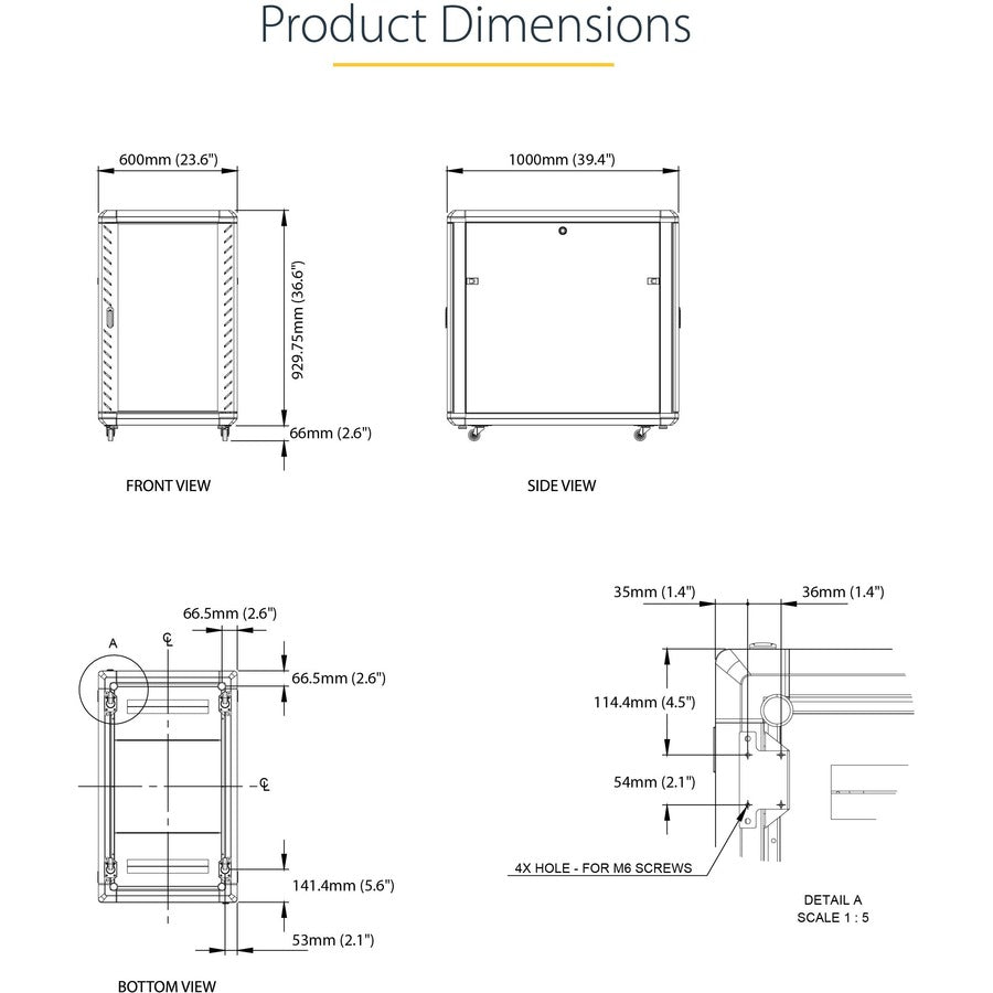 StarTech.com 18U 19" Server Rack Cabinet - 4 Post Adjustable Depth (6-32") Locking Knock Down Enclosure - Mobile w/Glass Door & Casters RK1836BKF