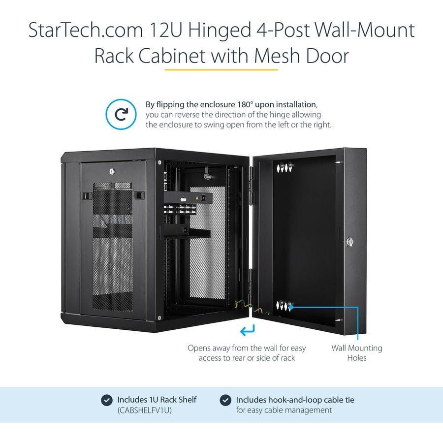 StarTech.com 12U 19" Wall Mount Network Cabinet - 16" Deep Hinged Locking Flexible IT Data Equipment Rack Vented Switch Enclosure w/Shelf RK12WALHM