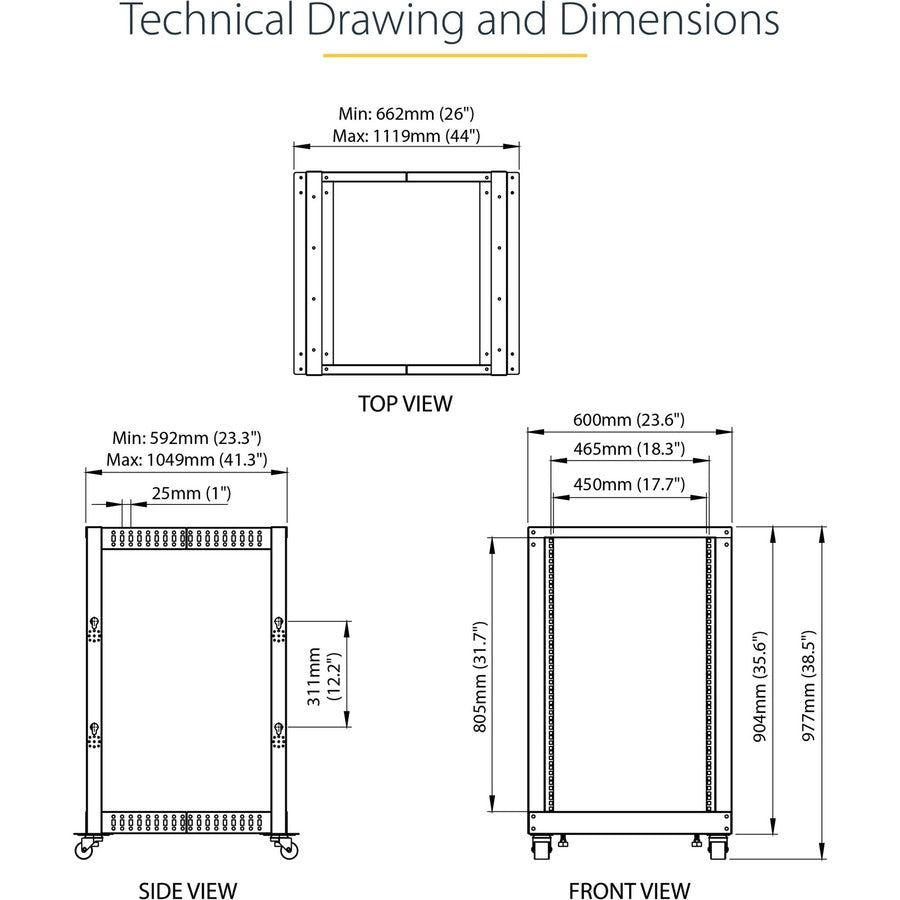 StarTech.com 18U 19" Open Frame Server Rack - 4 Post, Adjustable Depth 22 to 40" - Mobile Network Equipment Rack - HP ProLiant ThinkServer 4POSTRACK18U