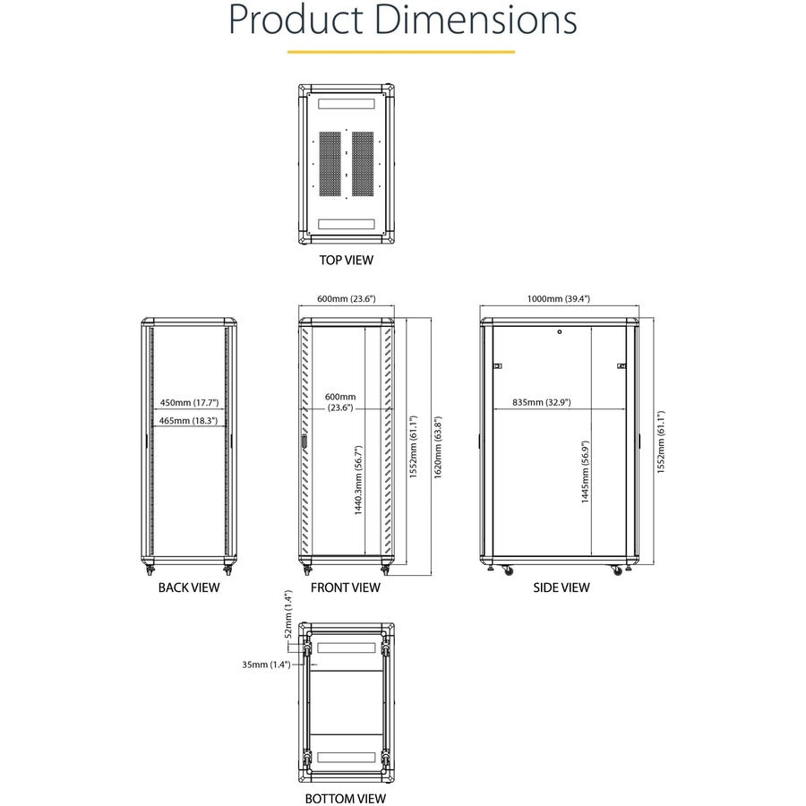 Startech 32U 19" Server Rack Cabinet, Adjustable Depth 6-32 inch, Flat Pack, Lockable 4-Post Network/Data Rack Enclosure with Casters RK3236BKF