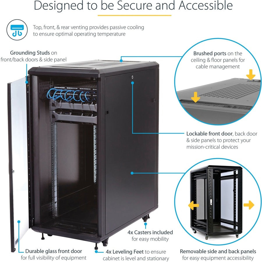 Startech 32U 19" Server Rack Cabinet, Adjustable Depth 6-32 inch, Flat Pack, Lockable 4-Post Network/Data Rack Enclosure with Casters RK3236BKF