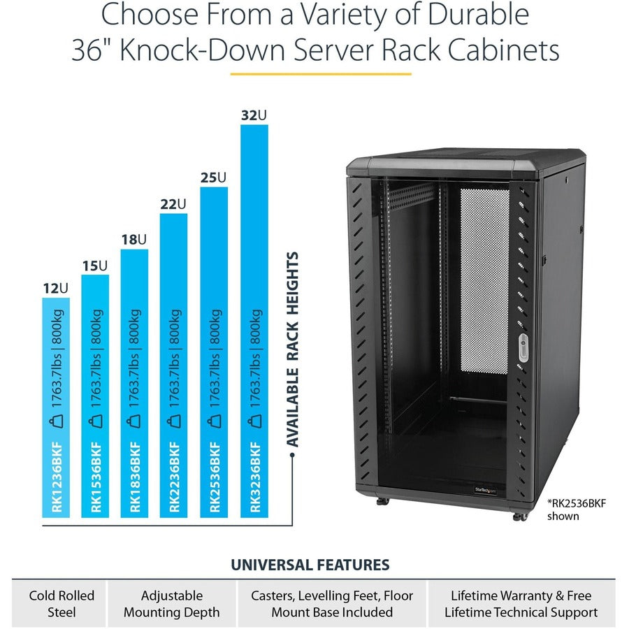 Startech 32U 19" Server Rack Cabinet, Adjustable Depth 6-32 inch, Flat Pack, Lockable 4-Post Network/Data Rack Enclosure with Casters RK3236BKF