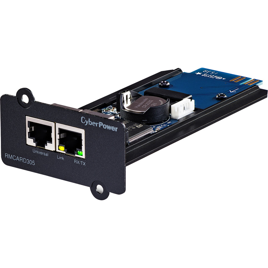 CyberPower UPS Systems RMCARD305 Hardware - Supported Protocols: TCP/IP, UDP, FTP, SCP, DHCP, DNS, SSH, Telnet, HTTP/HTTPS, SNMPv1/v3, IPv4/v6, NTP, SMTP, and Syslog RMCARD305