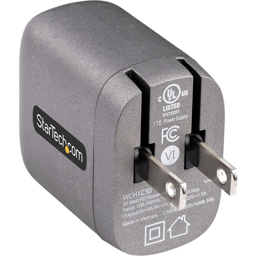 StarTech.com Chargeur mural USB-C 30 W, chargeur GaN portable avec alimentation USB, charge rapide, certifié USB-IF, câble de 1,8 m, chargeur USB-C WCH1C30