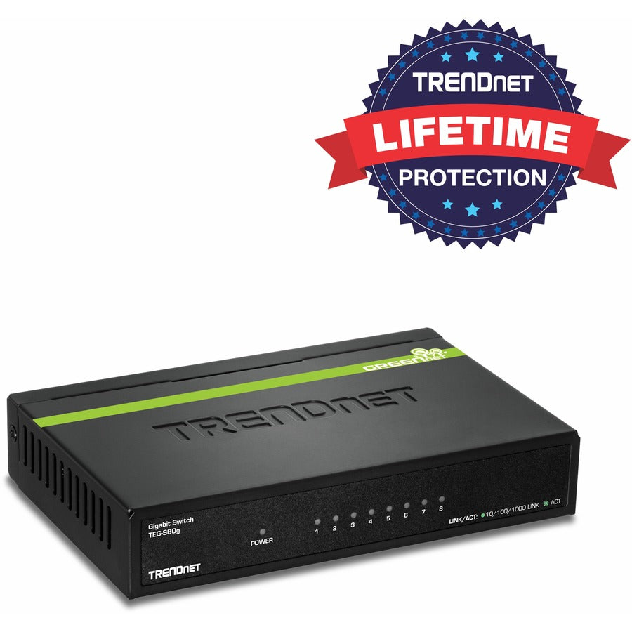 TRENDnet 8-Port Unmanaged Gigabit GREENnet Desktop Metal Switch, Fanless, 16Gbps Switching Capacity, Plug & Play, Network Ethernet Switch, Lifetime Protection, Black, TEG-S80G TEG-S80G
