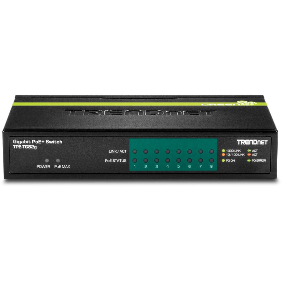 TRENDnet 8-Port GREENnet Gigabit PoE+ Switch, Supports PoE And PoE+ Devices, 61W PoE Budget, 16Gbps Switching Capacity, Data & Power Via Ethernet To PoE Access Points & IP Cameras, Black, TPE-TG82G TPE-TG82g
