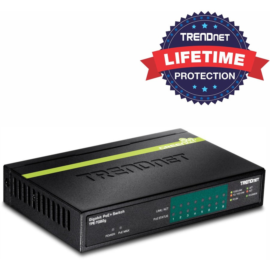 TRENDnet 8-Port GREENnet Gigabit PoE+ Switch, Supports PoE And PoE+ Devices, 61W PoE Budget, 16Gbps Switching Capacity, Data & Power Via Ethernet To PoE Access Points & IP Cameras, Black, TPE-TG82G TPE-TG82g