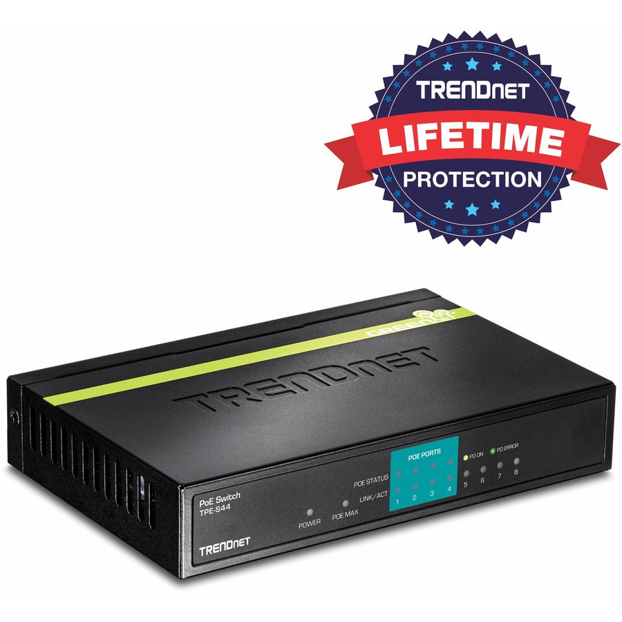 TRENDnet 8-Port 10/100Mbps PoE Switch, 4 x 10/100 Ports, 4 x 10/100 PoE Ports, 30W PoE Power Budget, 1.6 Gbps Switching Capacity, 802.3af, Lifetime Protection, Black, TPE-S44 TPE-S44