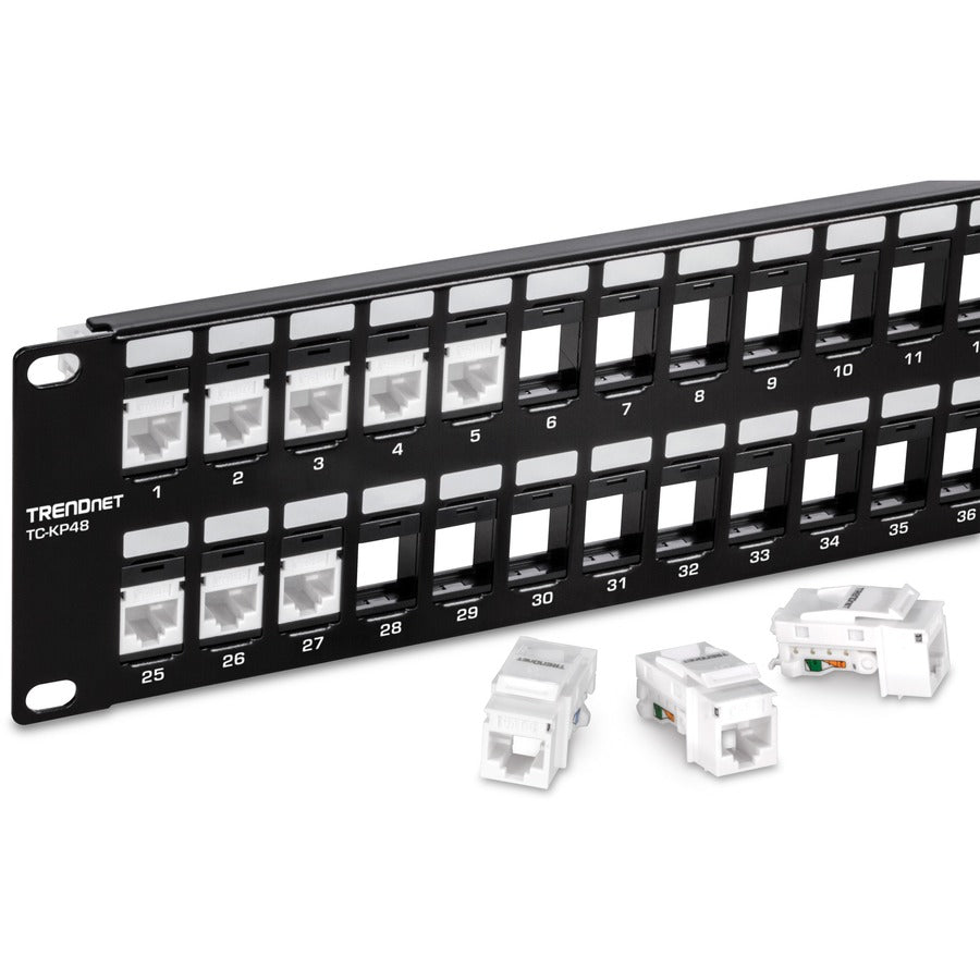 TRENDnet Panneau de brassage Keystone 2U HD vierge 48 ports, boîtier de montage en rack 2U 19", panneau de brassage réseau HD Keystone, recommandé avec les prises Keystone TC-K25C6 et TC-K50C6 Cat6 (vendues séparément), noir, TC-KP48 TC-KP48