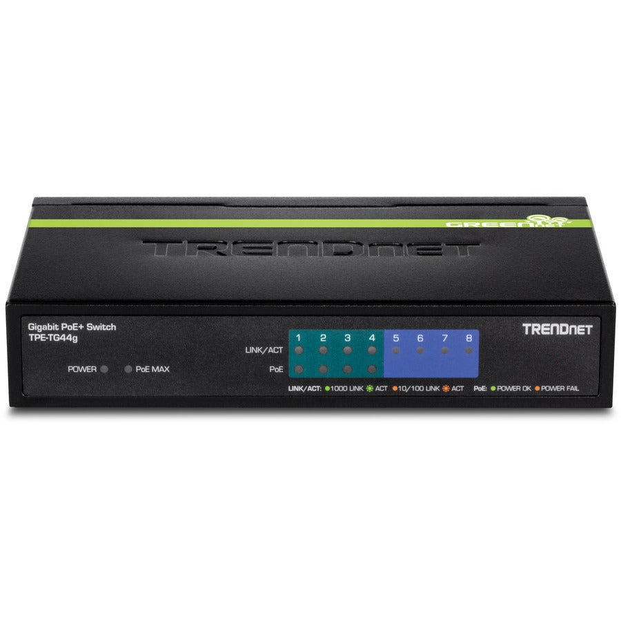 TRENDnet Switch Gigabit GREENnet PoE+ 8 ports, 4 ports Gigabit PoE-PoE+, 4 x ports Gigabit, budget d'alimentation 61 W, capacité de commutation 16 Gbit/s, commutateur Ethernet non géré, protection à vie, noir, TPE-TG44G TPE-TG44g