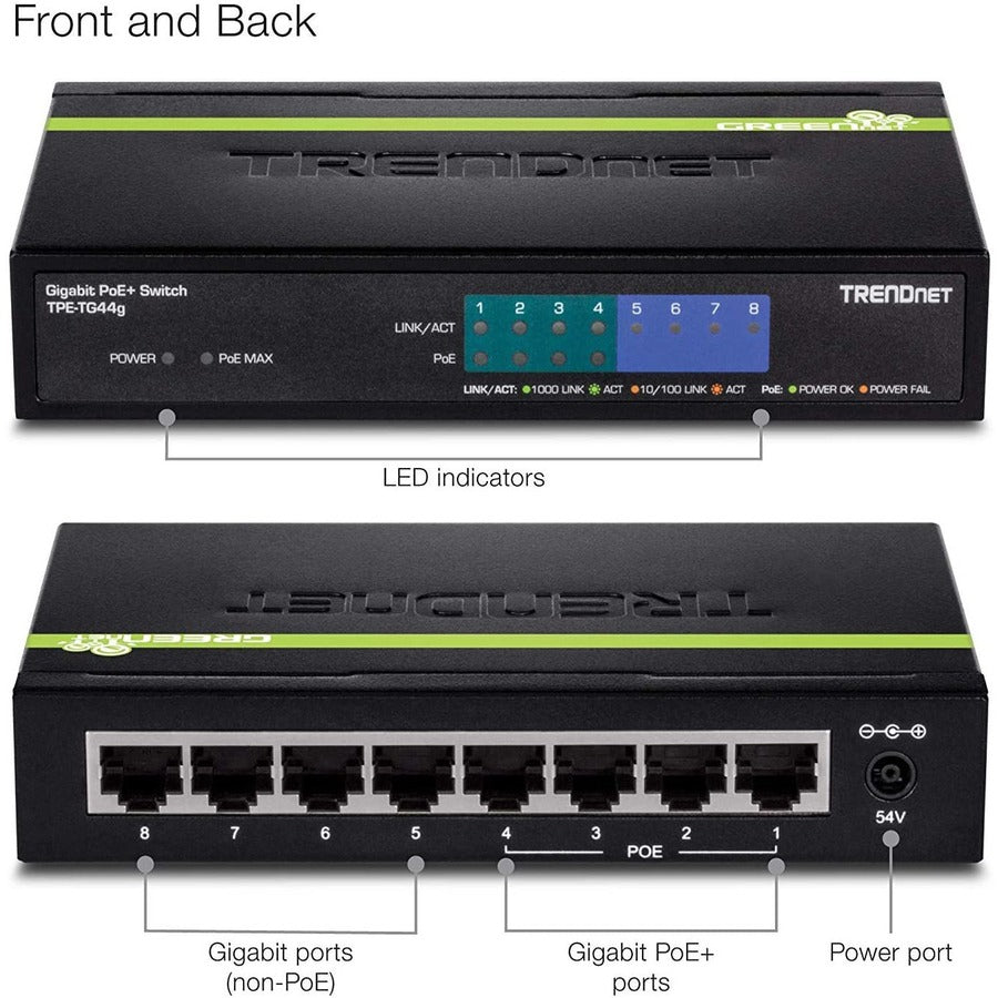 TRENDnet Switch Gigabit GREENnet PoE+ 8 ports, 4 ports Gigabit PoE-PoE+, 4 x ports Gigabit, budget d'alimentation 61 W, capacité de commutation 16 Gbit/s, commutateur Ethernet non géré, protection à vie, noir, TPE-TG44G TPE-TG44g