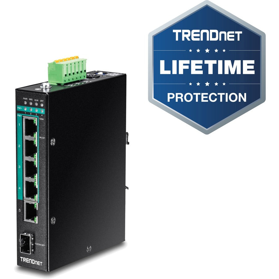 TRENDnet 6-Port Hardened Industrial Gigabit Poe+ Layer 2 Managed DIN-Rail Switch, 4 x Gigabit PoE+ 802.3at Ports, 1 x Gigabit Port, 1 x Gigabit SFP Slot, 120W Power Budget, Black, TI-PG541i TI-PG541i