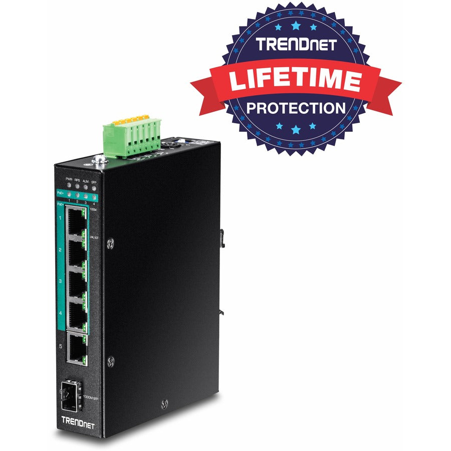 TRENDnet 6-Port Hardened Industrial Gigabit Poe+ Layer 2 Managed DIN-Rail Switch, 4 x Gigabit PoE+ 802.3at Ports, 1 x Gigabit Port, 1 x Gigabit SFP Slot, 120W Power Budget, Black, TI-PG541i TI-PG541i
