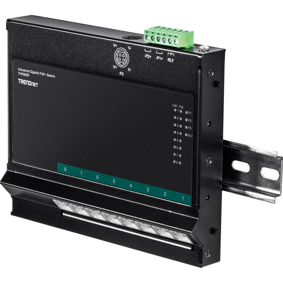Commutateur d'accès frontal mural Gigabit Poe+ industriel à 8 ports TRENDnet ; 8 ports PoE+ Gigabit ; Montage sur rail DIN ; Entrée d'alimentation 48 ? 57 V CC ; IP30 ; Budget Poe 200 W ; Protection à vie ; TI-PG80F TI-PG80F