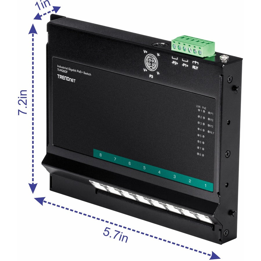 Commutateur d'accès frontal mural Gigabit Poe+ industriel à 8 ports TRENDnet ; 8 ports PoE+ Gigabit ; Montage sur rail DIN ; Entrée d'alimentation 48 ? 57 V CC ; IP30 ; Budget Poe 200 W ; Protection à vie ; TI-PG80F TI-PG80F