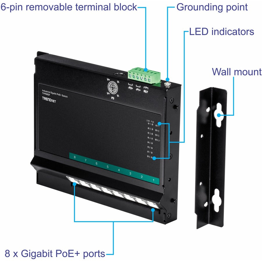 Commutateur d'accès frontal mural Gigabit Poe+ industriel à 8 ports TRENDnet ; 8 ports PoE+ Gigabit ; Montage sur rail DIN ; Entrée d'alimentation 48 ? 57 V CC ; IP30 ; Budget Poe 200 W ; Protection à vie ; TI-PG80F TI-PG80F