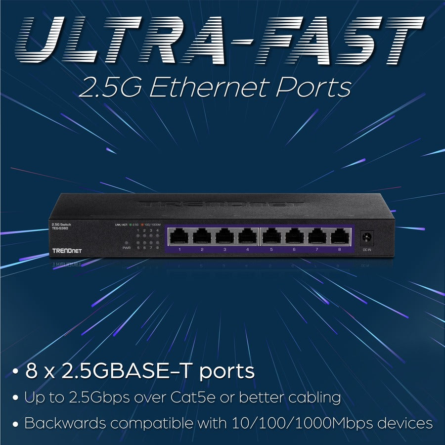 TRENDnet 8-Port Unmanaged 2.5G Switch, 8 x 2.5GBASE-T Ports, 40Gbps Switching Capacity, Backwards Compatible with 10-100-1000Mbps Devices, Fanless, Wall Mountable, Black, TEG-S380 TEG-S380