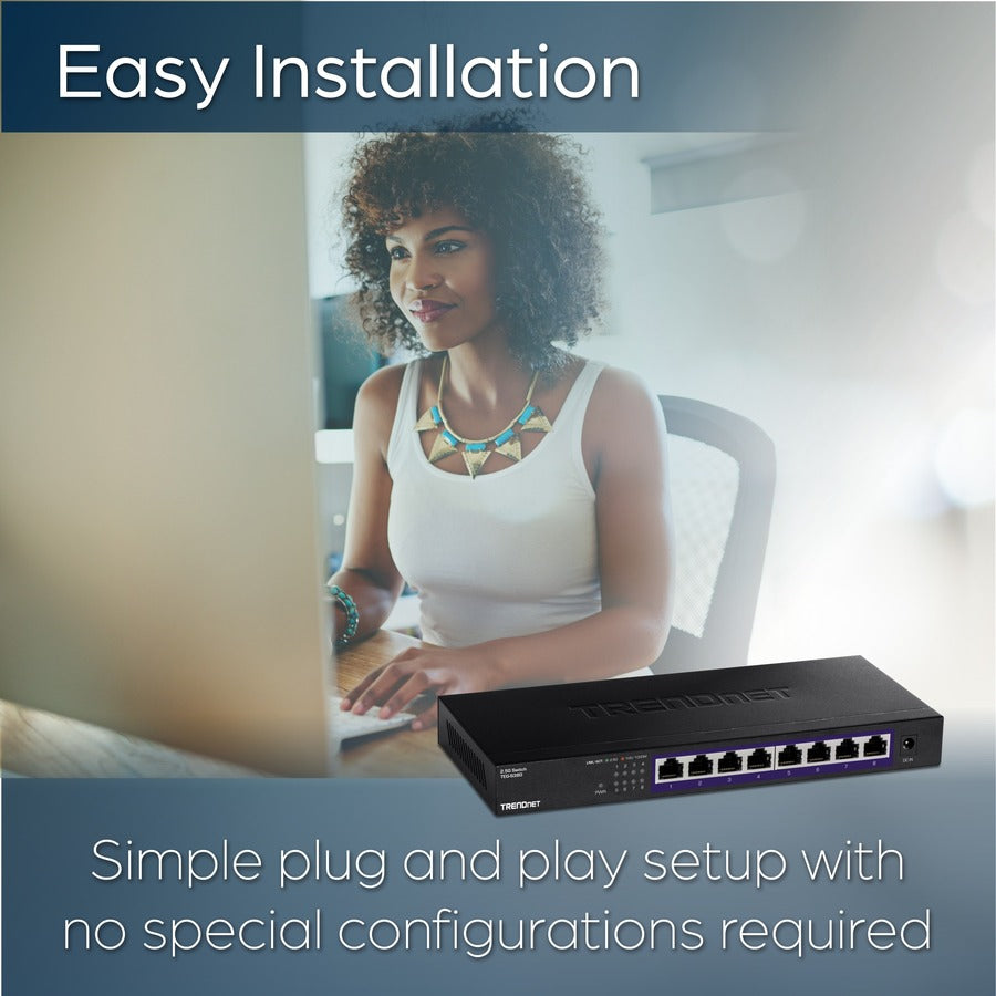 TRENDnet 8-Port Unmanaged 2.5G Switch, 8 x 2.5GBASE-T Ports, 40Gbps Switching Capacity, Backwards Compatible with 10-100-1000Mbps Devices, Fanless, Wall Mountable, Black, TEG-S380 TEG-S380