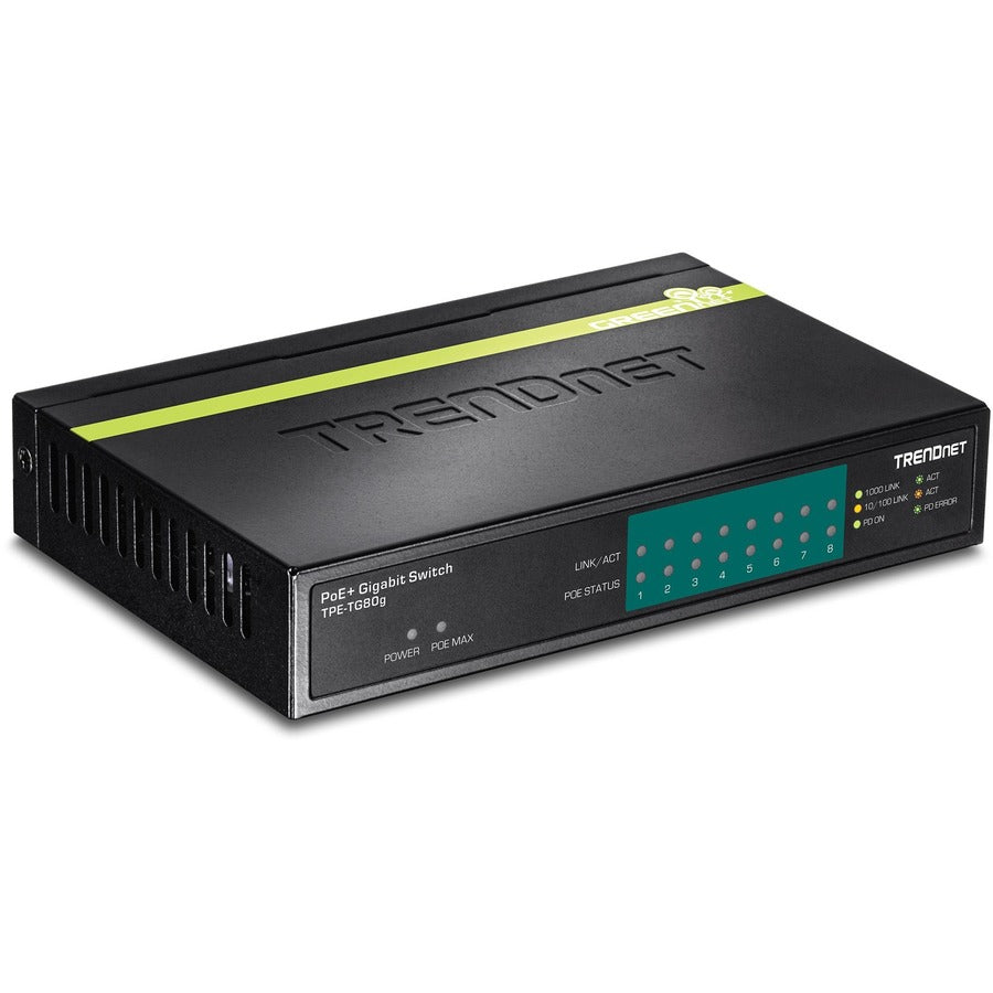 TRENDnet 8-Port Gigabit PoE+ Switch, 8 x Gigabit PoE+ Ports, 123W PoE Power Budget, 16 Gbps Switching Capacity, Desktop Switch, Ethernet Network Switch, Metal, Lifetime Protection, Black, TPE-TG80G TPE-TG80G