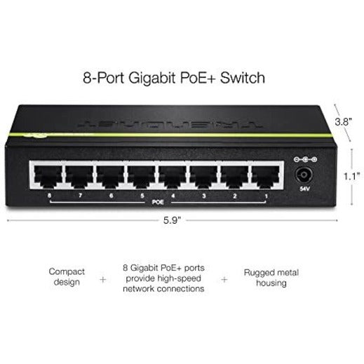 TRENDnet Switch Gigabit PoE+ 8 ports, 8 ports Gigabit PoE+, budget d'alimentation PoE 123 W, capacité de commutation 16 Gbit/s, commutateur de bureau, commutateur réseau Ethernet, métal, protection à vie, noir, TPE-TG80G TPE-TG80G