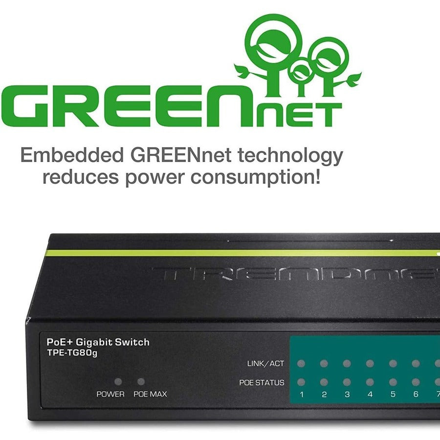 TRENDnet Switch Gigabit PoE+ 8 ports, 8 ports Gigabit PoE+, budget d'alimentation PoE 123 W, capacité de commutation 16 Gbit/s, commutateur de bureau, commutateur réseau Ethernet, métal, protection à vie, noir, TPE-TG80G TPE-TG80G