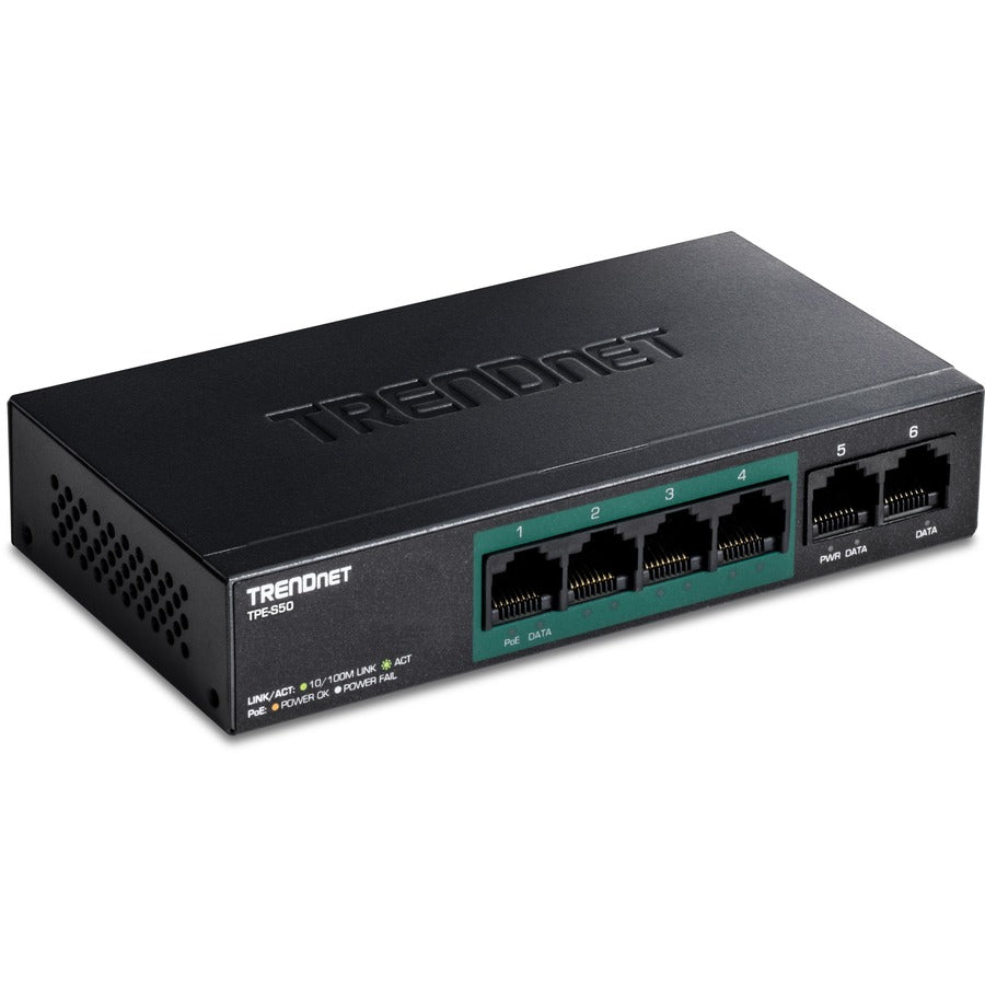 TRENDnet 6-Port Fast Ethernet PoE+ Switch, 4 x Fast Ethernet PoE Ports, 2 x Fast Ethernet Ports, 60W PoE Budget, 1.2 Gbps Switch Capacity, Metal, Lifetime Protection, Black, TPE-S50 TPE-S50