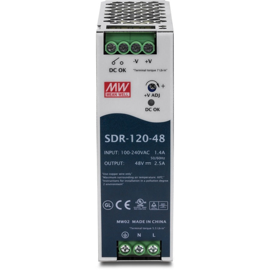 TRENDnet 120 W Single Output Industrial DIN-Rail Power Supply, Extreme -25 to 70 °C (-13 to 158 °F) Operating Temp, Power Supply 120W, DIN-Rail Mount, Overload Protection, Silver, TI-S12048 TI-S12048