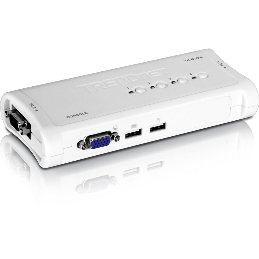 TRENDnet 4-Port USB KVM Switch Kit, VGA And USB Connections, 2048 x 1536 Resolution, Cabling Included, Control Up To 4 Computers, Compliant With Window, Linux, and Mac OS, White, TK-407K TK-407K