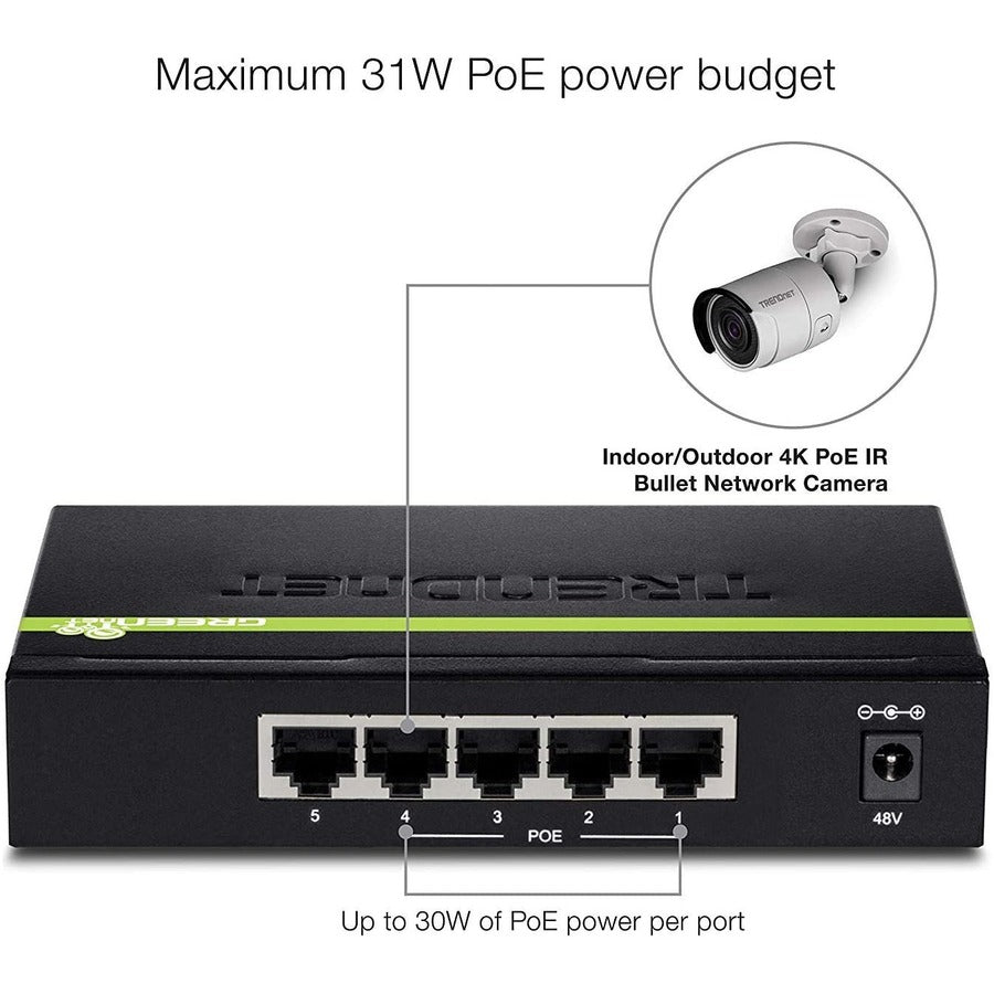 Commutateur PoE+ Gigabit 5 ports TRENDnet, budget PoE 31 W, capacité de commutation 10 Gbit/s, données et alimentation via Ethernet vers points d'accès PoE et caméras IP, duplex intégral et semi-duplex, noir, TPE-TG50g TPE-TG50g
