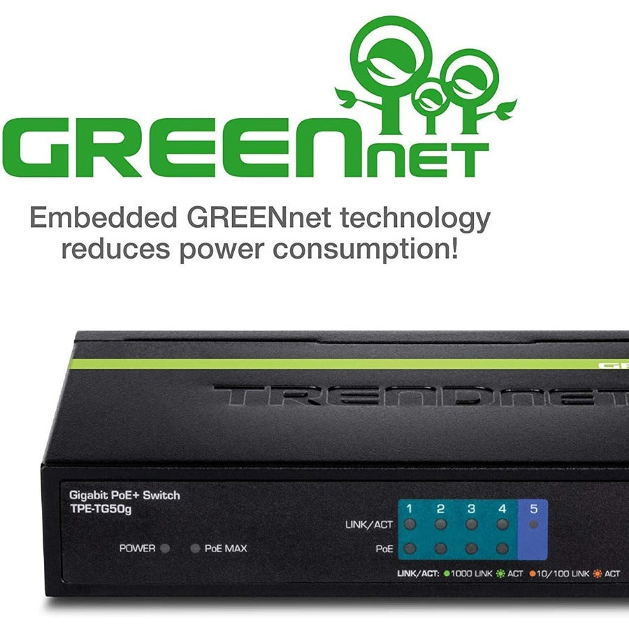 Commutateur PoE+ Gigabit 5 ports TRENDnet, budget PoE 31 W, capacité de commutation 10 Gbit/s, données et alimentation via Ethernet vers points d'accès PoE et caméras IP, duplex intégral et semi-duplex, noir, TPE-TG50g TPE-TG50g