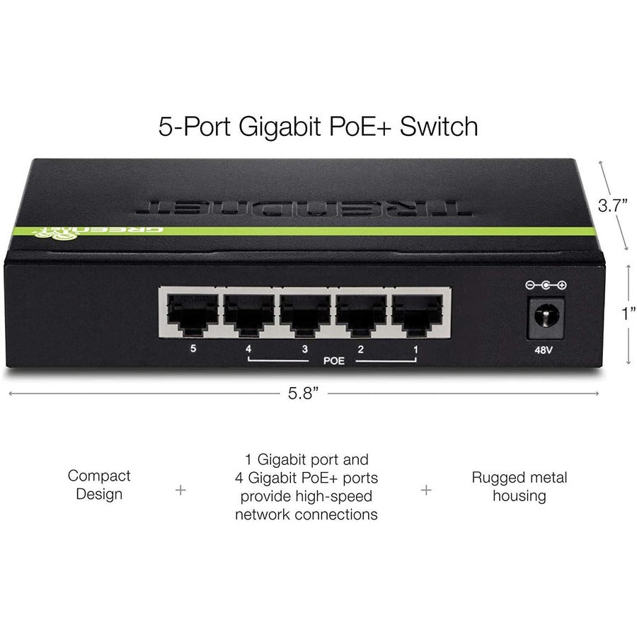 Commutateur PoE+ Gigabit 5 ports TRENDnet, budget PoE 31 W, capacité de commutation 10 Gbit/s, données et alimentation via Ethernet vers points d'accès PoE et caméras IP, duplex intégral et semi-duplex, noir, TPE-TG50g TPE-TG50g