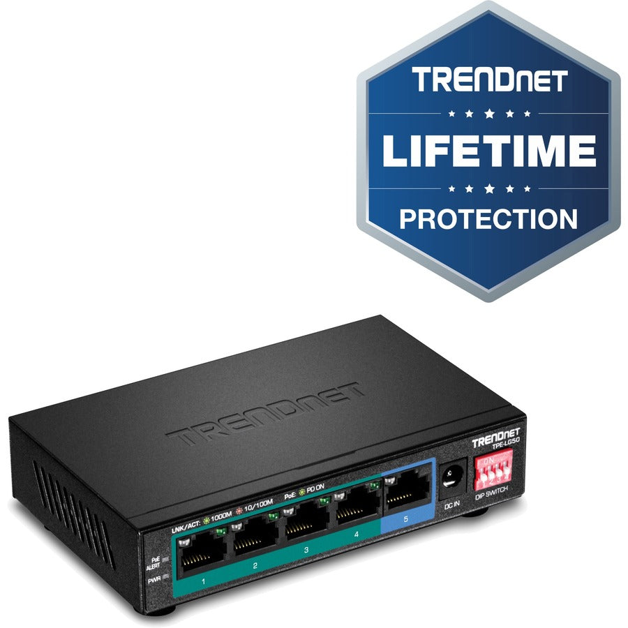 TRENDnet Switch PoE+ Gigabit longue portée 5 ports, 4 ports Gigabit PoE+, 1 x port Gigabit, budget PoE 32 W, capacité de commutation 10 Gbit/s, étend PoE+ 200 m (656 pieds), protection à vie, noir, TPE-LG50 TPE-LG50