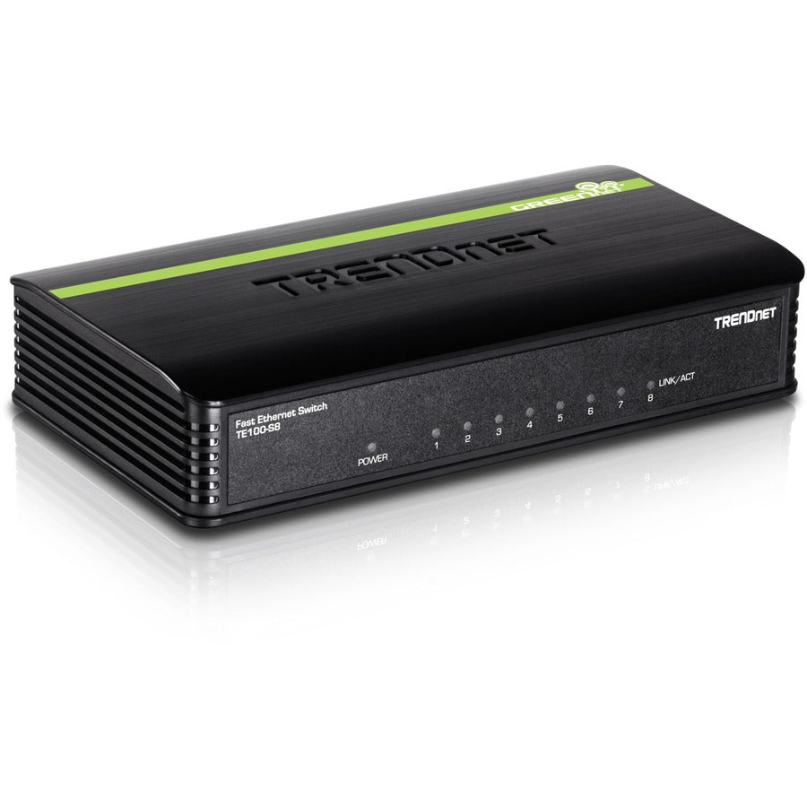 Commutateur de bureau Ethernet GREENnet 10/100 Mbps non géré TRENDnet à 8 ports ; TE100-S8 ; 8 ports Ethernet 10/100 Mbit/s ; Capacité de commutation de 1,6 Gbit/s ; Boîtier en plastique ; Commutateur Ethernet réseau ; Prêt à l'emploi TE100-S8