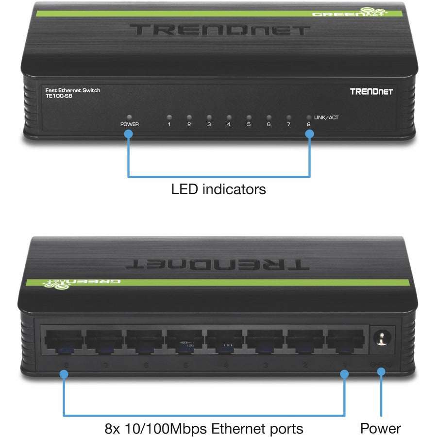 Commutateur de bureau Ethernet GREENnet 10/100 Mbps non géré TRENDnet à 8 ports ; TE100-S8 ; 8 ports Ethernet 10/100 Mbit/s ; Capacité de commutation de 1,6 Gbit/s ; Boîtier en plastique ; Commutateur Ethernet réseau ; Prêt à l'emploi TE100-S8