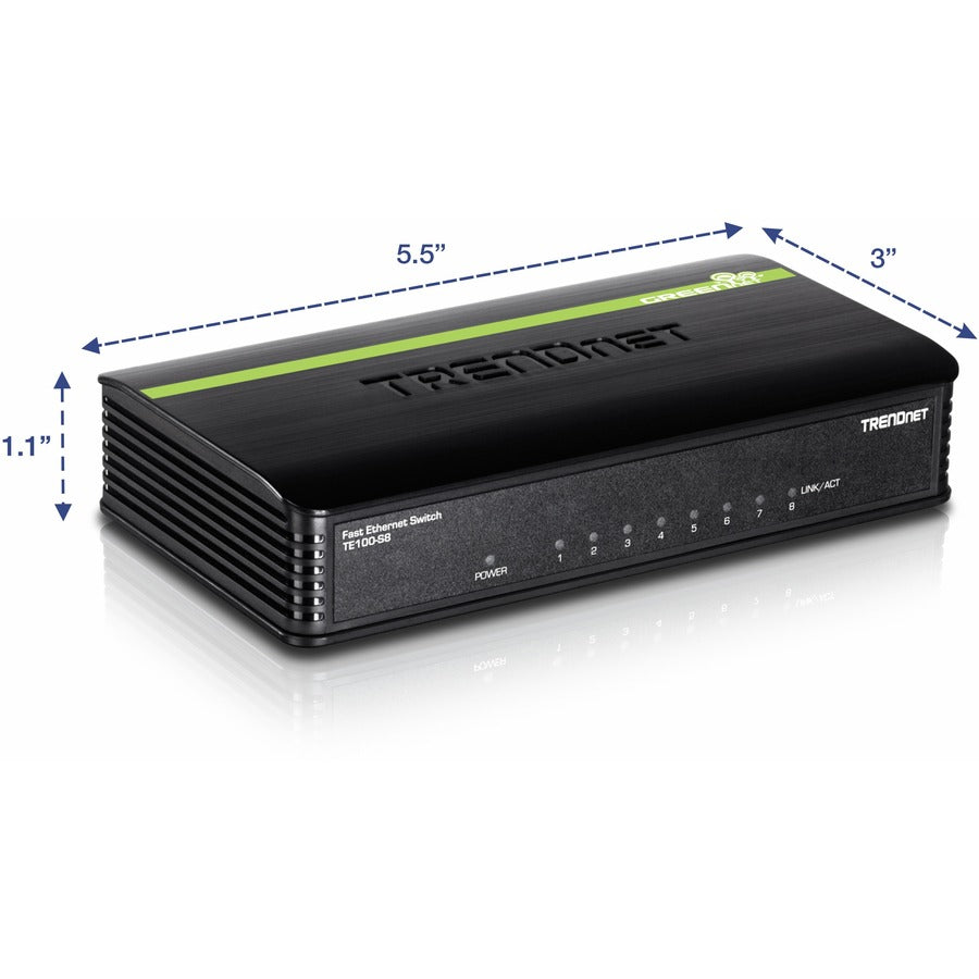 Commutateur de bureau Ethernet GREENnet 10/100 Mbps non géré TRENDnet à 8 ports ; TE100-S8 ; 8 ports Ethernet 10/100 Mbit/s ; Capacité de commutation de 1,6 Gbit/s ; Boîtier en plastique ; Commutateur Ethernet réseau ; Prêt à l'emploi TE100-S8