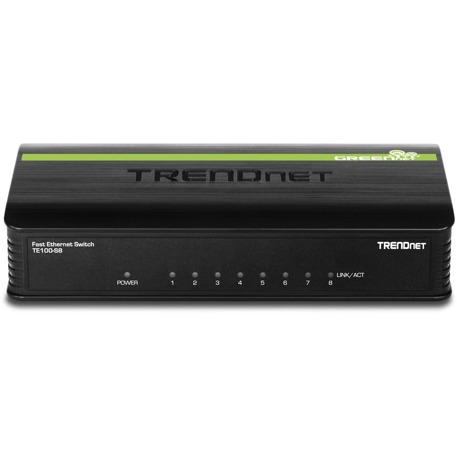 Commutateur de bureau Ethernet GREENnet 10/100 Mbps non géré TRENDnet à 8 ports ; TE100-S8 ; 8 ports Ethernet 10/100 Mbit/s ; Capacité de commutation de 1,6 Gbit/s ; Boîtier en plastique ; Commutateur Ethernet réseau ; Prêt à l'emploi TE100-S8