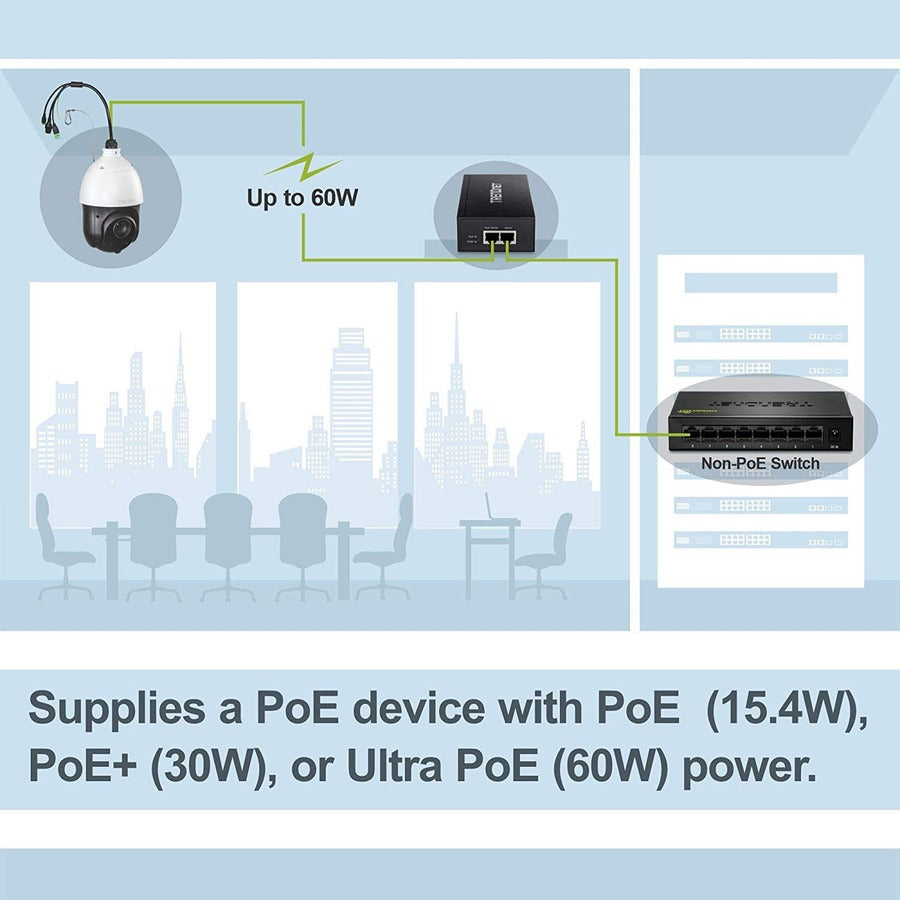 Injecteur TRENDnet Gigabit Ultra PoE+, fournit PoE (15,4 W), PoE+ (30 W) ou Ultra PoE (60 W), met en réseau un périphérique PoE jusqu'à 100 m (328 pieds), prend en charge IEEE 802.3af, 802.at, Ultra PoE, Plug & Jouer, noir, TPE-117GI TPE-117GI