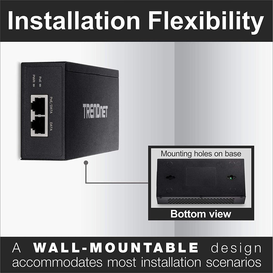 Injecteur TRENDnet Gigabit Ultra PoE+, fournit PoE (15,4 W), PoE+ (30 W) ou Ultra PoE (60 W), met en réseau un périphérique PoE jusqu'à 100 m (328 pieds), prend en charge IEEE 802.3af, 802.at, Ultra PoE, Plug & Jouer, noir, TPE-117GI TPE-117GI