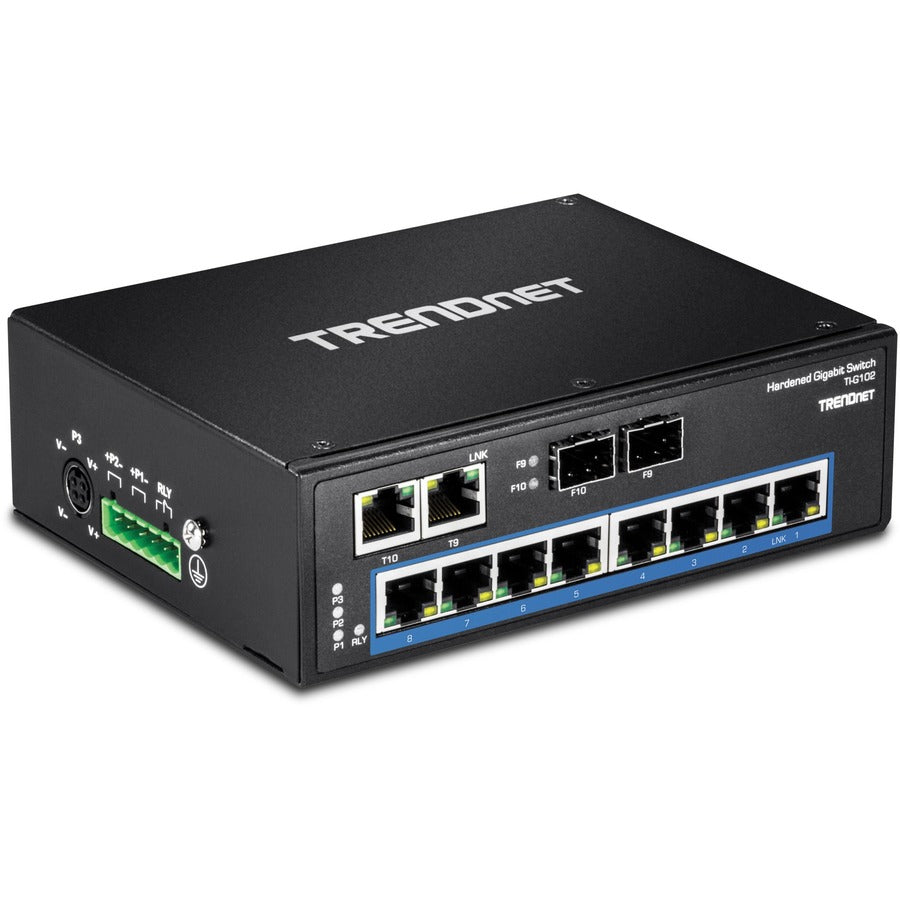 TRENDnet Commutateur Gigabit industriel renforcé sur rail DIN à 10 ports, capacité de commutation de 20 Gbit/s, rail DIN et supports muraux inclus, double redondance, deux ports RJ-45/SFP, protection à vie, noir, TI-G102 TI-G102