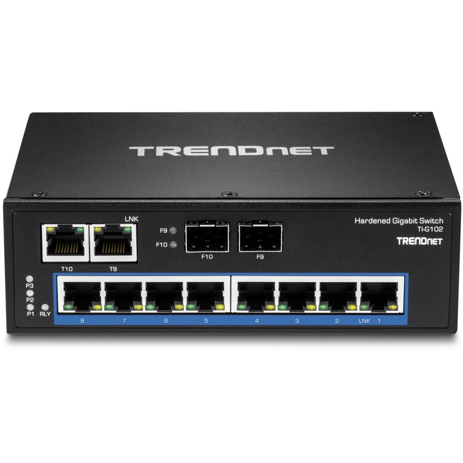 TRENDnet Commutateur Gigabit industriel renforcé sur rail DIN à 10 ports, capacité de commutation de 20 Gbit/s, rail DIN et supports muraux inclus, double redondance, deux ports RJ-45/SFP, protection à vie, noir, TI-G102 TI-G102