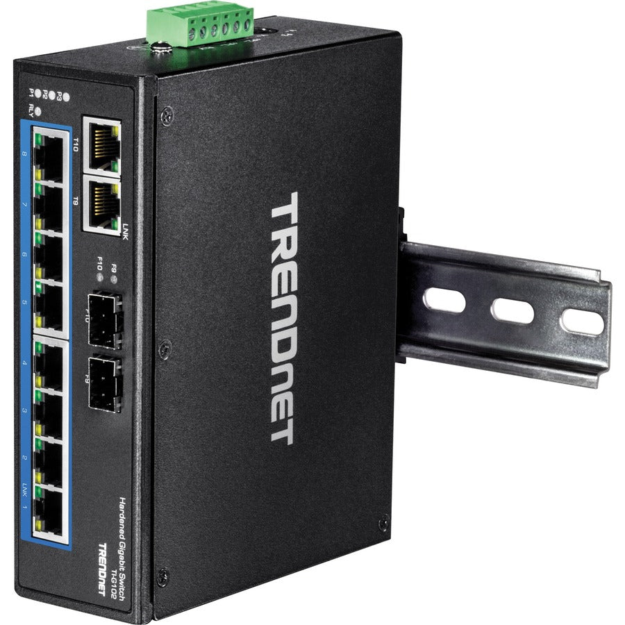 TRENDnet Commutateur Gigabit industriel renforcé sur rail DIN à 10 ports, capacité de commutation de 20 Gbit/s, rail DIN et supports muraux inclus, double redondance, deux ports RJ-45/SFP, protection à vie, noir, TI-G102 TI-G102