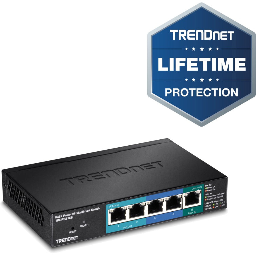 TRENDnet 5-Port Gigabit PoE+ Powered EdgeSmart Switch With PoE Pass Through, 18W PoE Budget, 10Gbps Switching Capacity, Managed Switch, Wall-Mountable, Lifetime Protection, Black, TPE-P521ES TPE-P521ES