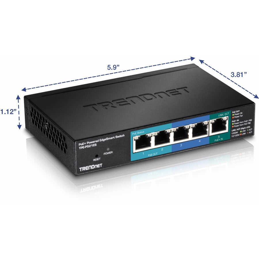 TRENDnet Switch EdgeSmart alimenté par PoE+ Gigabit à 5 ports avec passage PoE, budget PoE de 18 W, capacité de commutation de 10 Gbit/s, commutateur géré, montage mural, protection à vie, noir, TPE-P521ES TPE-P521ES