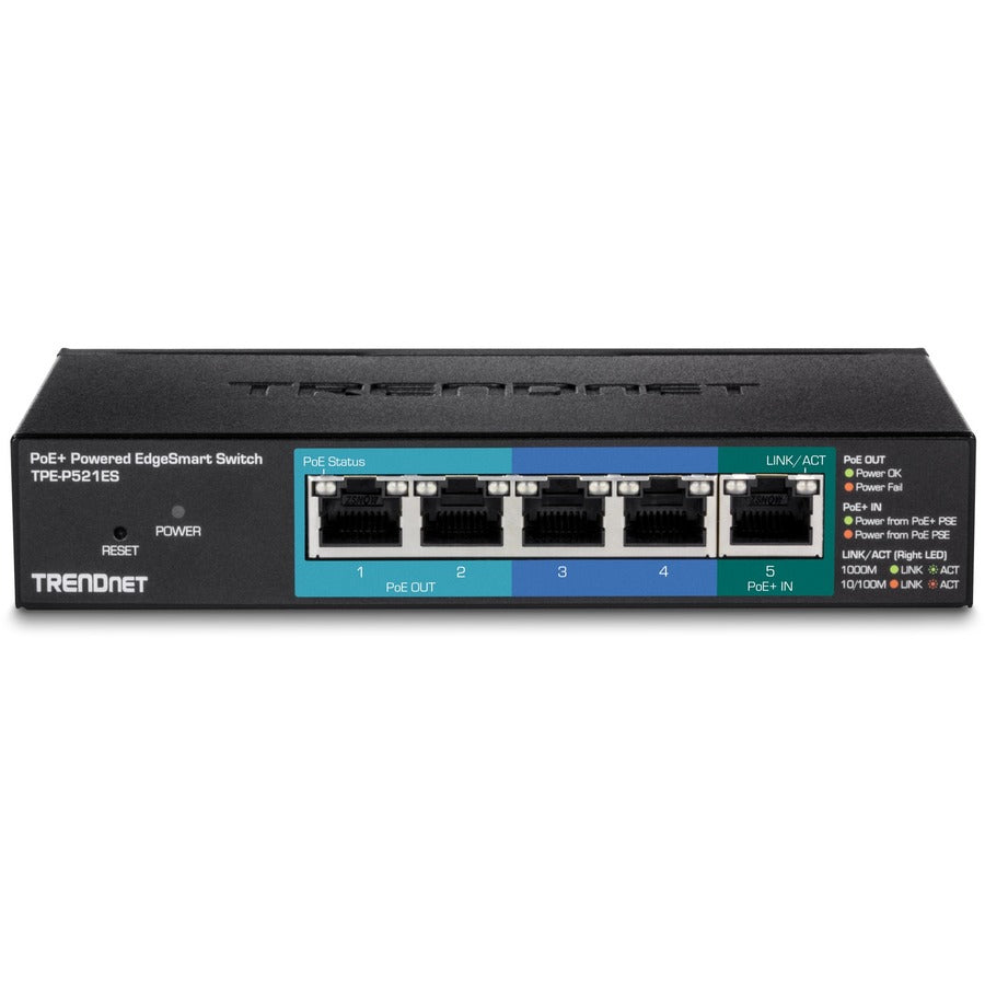 TRENDnet Switch EdgeSmart alimenté par PoE+ Gigabit à 5 ports avec passage PoE, budget PoE de 18 W, capacité de commutation de 10 Gbit/s, commutateur géré, montage mural, protection à vie, noir, TPE-P521ES TPE-P521ES