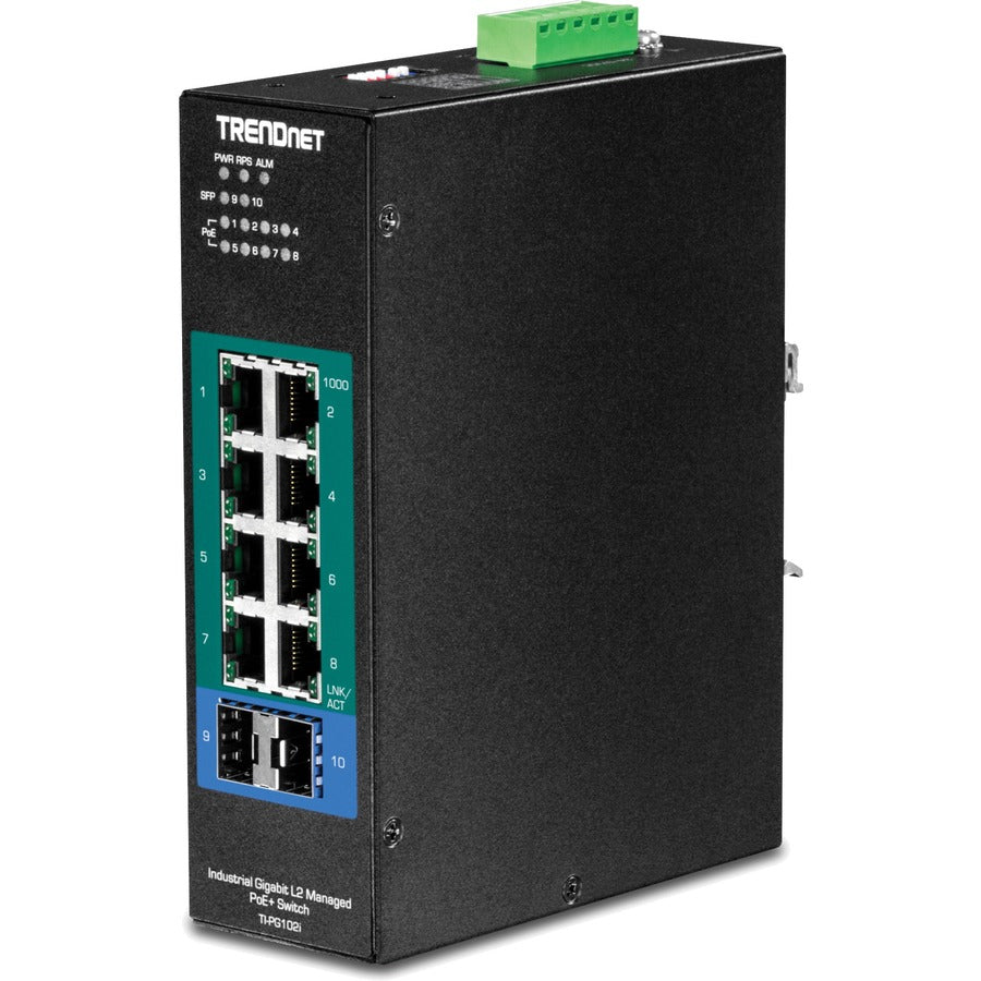 TRENDnet Commutateur industriel Gigabit L2 géré PoE+ sur rail DIN, 10 ports, 8 ports Gigabit PoE+, montage sur rail DIN, 2 emplacements SFP, entrée d'alimentation 24 - 57 V CC, IP30, VLAN, protection à vie, noir, TI-PG102i TI -PG102I