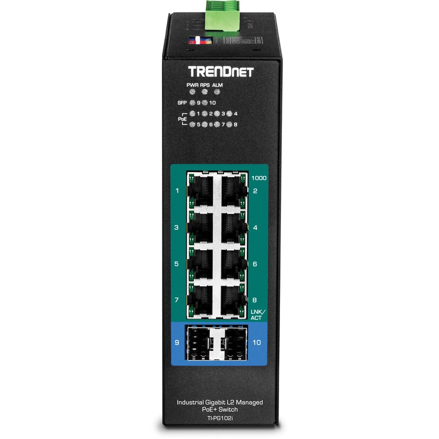 TRENDnet Commutateur industriel Gigabit L2 géré PoE+ sur rail DIN, 10 ports, 8 ports Gigabit PoE+, montage sur rail DIN, 2 emplacements SFP, entrée d'alimentation 24 - 57 V CC, IP30, VLAN, protection à vie, noir, TI-PG102i TI -PG102I