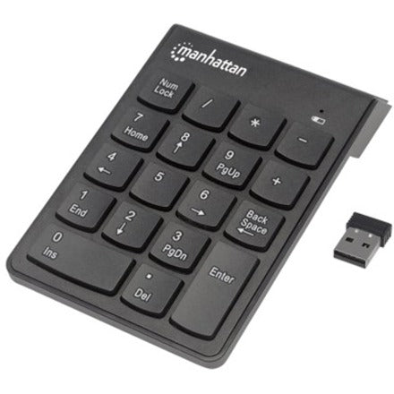 Pavé numérique Manhattan, sans fil (2,4 GHz), micro-récepteur USB-A, 18 touches pleine taille, noir, interrupteurs à membrane, gestion automatique de l'alimentation, portée 10 m, pile AAA (incluse), Windows et Mac, garantie de trois ans, blister 178846