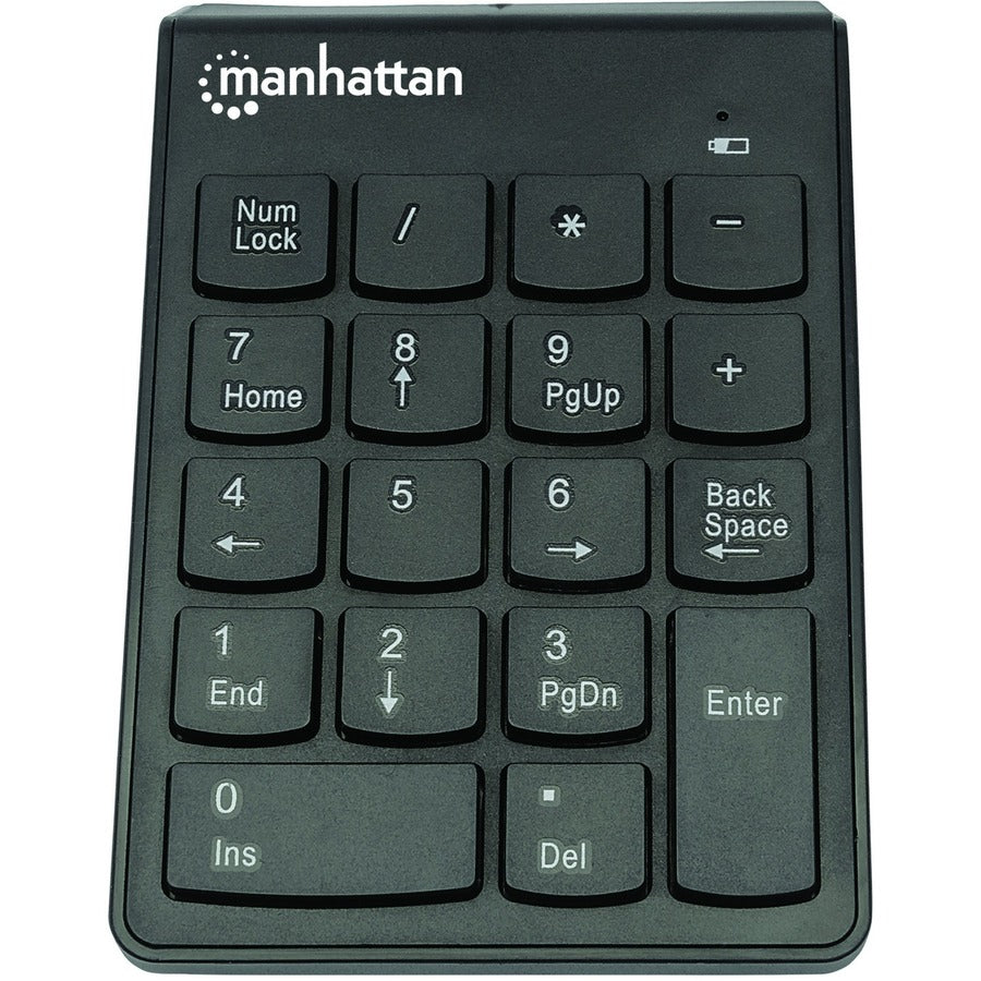 Pavé numérique Manhattan, sans fil (2,4 GHz), micro-récepteur USB-A, 18 touches pleine taille, noir, interrupteurs à membrane, gestion automatique de l'alimentation, portée 10 m, pile AAA (incluse), Windows et Mac, garantie de trois ans, blister 178846