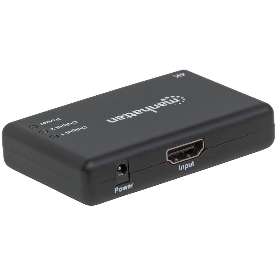 Manhattan HDMI Splitter 2-Port , 4K@30Hz, Displays output from x1 HDMI source to x2 HD displays (same output to both displays), AC Powered (cable 0.9m), Black, Three Year Warranty, Retail Box (With Euro 2-pin plug) 207669